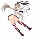  anchor ass black_panties blonde_hair boots elbow_gloves full_body gloves grey_footwear hairband highres kantai_collection long_hair looking_at_viewer md5_mismatch panties sakuhiko shimakaze_(kantai_collection) simple_background skirt smile solo striped striped_legwear thighhighs thong underwear white_background yellow_eyes 