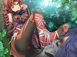  1girl ass ayataka_shizune bike_shorts blue_eyes breasts brown_hair cameltoe censored feet footjob forest game_cg highres legs looking_at_viewer medium_breasts nature naughty_face ninja no_shoes penis samurai_hormone smile suzuki_mei thighs toes tongue tree 