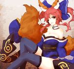  animal_ears bad_id bad_pixiv_id bare_shoulders blue_legwear bow breasts choker cleavage detached_sleeves fate/extra fate_(series) fox_ears fox_tail hair_bow hair_ribbon japanese_clothes large_breasts magryo763 obi pink_hair ribbon sash smile solo tail tamamo_(fate)_(all) tamamo_no_mae_(fate) thighhighs twintails yellow_eyes 