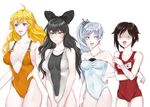  4girls artist_request black_hair blake_belladonna blonde_hair blush bow breast_envy breasts brown_hair cleavage cyan_eyes female hand_on_hip jewelry large_breasts leecheie lineup long_hair multiple_girls necklace purple_eyes ruby_rose rwby scar silver_hair smile sweatdrop swimsuit weiss_schnee white_hair yang_xiao_long yellow_eyes 