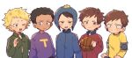  5boys basketball black_hair blonde_hair blue_eyes brown_hair clyde_donovan coat craig_tucker crutch dark_skin hat highres jimmy_valmer male_focus multiple_boys nojiko_(natumag) open_mouth short_hair smile south_park spiked_hair token_black tweek_tweak 