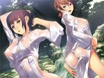  2girls areolae arms_up ass ayataka_shizune blue_eyes breasts brown_hair game_cg happy highres japanese_clothes kagurazaka_kojuurota kimono legs looking_at_viewer looking_back medium_breasts mole multiple_girls nipples purple_hair river samurai_hormone see-through short_hair smile standing suzuki_mei sweat thighs water wet wet_clothes 