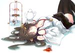  ahoge bare_shoulders blush boots breasts brown_hair cake cleavage cup detached_sleeves food frilled_skirt frills hairband japanese_clothes kantai_collection kongou_(kantai_collection) long_hair lying medium_breasts on_back ribbon-trimmed_sleeves ribbon_trim skirt sleeping solo tea teacup teapot thigh_boots thighhighs tiered_tray yuui_hutabakirage zettai_ryouiki 