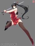  1girl bare_shoulders black_hair breasts bun_cover character_request dual_wielding grey_background gun haganef high_heels highres large_breasts legs long_hair looking_at_viewer orange_eyes ponytail shoes sideboob solo source_request sword thighhighs weapon wristband 