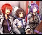  biwa_lute brown_eyes brown_hair collarbone drum facial_mark flower grin hair_flower hair_ornament hairband horikawa_raiko instrument jacket jewelry letterboxed lute_(instrument) multiple_girls necklace necktie open_clothes open_vest purple_eyes purple_hair purple_neckwear red_eyes red_hair ryuuichi_(f_dragon) shirt skirt smile touhou tsukumo_benben tsukumo_yatsuhashi twintails vest 