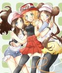  baseball_cap black_legwear blonde_hair blue_eyes blush bracelet breasts brown_hair denim denim_shorts double_bun eyewear_on_head hat jewelry long_hair medium_breasts mei_(pokemon) multiple_girls one_eye_closed open_mouth pantyhose pleated_skirt pokemon pokemon_(game) pokemon_bw pokemon_bw2 pokemon_xy ponytail raglan_sleeves serena_(pokemon) shorts skirt sleeveless smile sunglasses thighhighs touko_(pokemon) twintails vest visor_cap yamatoya07 