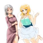  bare_legs blonde_hair blue_eyes blush breasts camisole character_request dress dress_lift long_hair medium_breasts multiple_girls naso4 purple_eyes silver_hair sketch skirt 