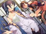  2girls ayataka_shizune bike_shorts blue_eyes braid breasts brown_hair game_cg highres japanese_clothes kagurazaka_kojuurota long_hair medium_breasts multiple_girls ninja open_mouth ponytail purple_eyes purple_hair samurai_hormone sarashi shadow standing suzuki_mei undressing 