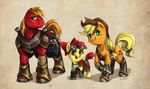  apple_bloom_(mlp) applejack_(mlp) audrarius big_macintosh_(mlp) blonde_hair bow clothing cutie_mark equine eyewear female feral freckles friendship_is_magic fur goggles green_eyes group hair hammer horse looking_at_viewer male mammal my_little_pony orange_fur pony red_fur red_hair simple_background smile yellow_fur 