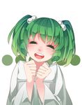  ^_^ blush clenched_hands closed_eyes colored_eyelashes green_hair hair_bobbles hair_ornament hand_up happy head_tilt highres japanese_clothes kimono kisume nomu open_mouth polka_dot short_hair simple_background smile solo touhou twintails upper_body white_background 