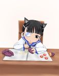  animal_ears black_hair brown_eyes carving chair child desk extra_ears eyepatch food malmi sakamoto_mio simple_background sitting solo strike_witches sweet_potato uniform white_background world_witches_series younger 