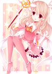  boots fate/kaleid_liner_prisma_illya fate_(series) feathers hair_feathers holding holding_wand illyasviel_von_einzbern kaleidostick long_hair magical_girl magical_ruby moseley pink_footwear prisma_illya red_eyes solo thigh_boots thighhighs wand white_hair 