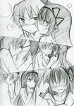  akemi_homura blush comic full-face_blush greyscale hair_ribbon hairband licking long_hair mahou_shoujo_madoka_magica monochrome multiple_girls naked_sheet nude ponytail ribbon sakura_kyouko scar takeshisu yuri 