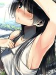  arm_up armpits black_hair blue_eyes blush breasts casual hot kawakami_masaki long_hair medium_breasts one_eye_closed saten_ruiko sideboob solo sweat to_aru_kagaku_no_railgun to_aru_majutsu_no_index triangle_mouth upper_body 