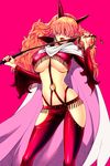  1girl blonde_hair breasts chaps cloak earrings fringe hair_over_eyes horns huge_breasts impel_down jewelry jii leather licking long_hair long_sleeves nail_polish navel one_piece pink_background red_nails sadi-chan saliva shiny shiny_clothes skin_tight solo standing tongue underboob whip 