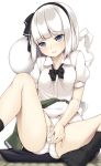  1girl ass bare_legs between_legs black_bow black_hairband black_neckwear black_ribbon blue_eyes blush bow bowtie breasts cameltoe clothed_masturbation commentary_request green_skirt hair_bow hair_ribbon hairband hand_between_legs highres knees_up konpaku_youmu konpaku_youmu_(ghost) looking_at_viewer maremay0513 masturbation medium_hair open_mouth panties ribbon shirt short_sleeves silver_hair simple_background sitting skirt skirt_lift small_breasts solo spread_legs thighs touhou underwear white_panties white_shirt 