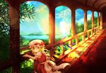  arcade_(architecture) blonde_hair blue_sky cloud day dress flandre_scarlet hat hat_ribbon lake looking_at_viewer looking_back mob_cap red_dress red_eyes ribbon sash shirt short_sleeves side_ponytail sky slit_pupils smile solo sunlight touhou tree wings yagimiwa 