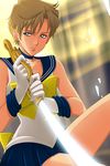  back_bow bishoujo_senshi_sailor_moon blonde_hair blue_choker blue_sailor_collar blue_skirt bow choker darax gloves glowing parted_lips sailor_collar sailor_senshi_uniform sailor_uranus short_hair sitting skirt solo space_sword sword ten'ou_haruka very_short_hair weapon white_gloves yellow_bow 