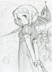  alternate_hairstyle arms_behind_back braid casual church closed_umbrella flower graphite_(medium) greyscale looking_back mahou_shoujo_madoka_magica miki_sayaka monochrome short_hair smile solo striped takeshisu traditional_media umbrella vertical_stripes 