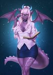  alanscampos book breasts cleavage collar dragon eyewear female glasses hair horn invalid_tag looking_at_viewer pierced_ears pink_hair red_eyes skirt sleeves_rolled_up smile solo tattoo teacher vein wide_hips wings 