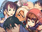  1boy 5girls alma_elysium ayataka_shizune black_hair blonde_hair blue_eyes blue_hair blush braid breast_press breasts brown_hair cleavage eyepatch eyes_closed game_cg grey_hair happy harem headband highres huge_breasts kagurazaka_kojuurota koroshiyama_nayuta large_breasts long_hair looking_at_viewer medium_breasts miyoshi_harumi mole multiple_girls open_mouth ponytail purple_eyes purple_hair samurai_hormone short_hair smile suzuki_mei sweat tongue tongue_out 