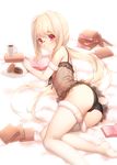  animal_ears ass bare_shoulders black_panties blonde_hair book book_stack bunny_ears bunny_tail coffee_mug cup doughnut elbow_gloves food glasses gloves izumi_sai lingerie long_hair looking_at_viewer looking_back lying mug negligee no_bra on_side original panties plate ponytail reading red_eyes see-through solo tail thighhighs underwear very_long_hair white_gloves white_legwear 
