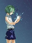  adapted_costume amayadori-tei antennae arms_up bare_arms belt glowing green_eyes green_hair looking_down night open_hands parted_lips shirt short_hair shorts sky sleeveless sleeveless_shirt solo star_(sky) starry_sky touhou wriggle_nightbug 