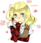  :&gt; arm_support blonde_hair blue_eyes breasts character_name food lavian_merry long_hair manken! medium_breasts mojirow mouth_hold pocky school_uniform sleeves_past_wrists smile solo striped_sleeves sweater_vest 
