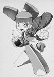  :d armor bleedman commentary cup digital_media_player drinking_straw earphones english_commentary grey_background greyscale jacket jennifer_wakeman kneeling machinery monochrome my_life_as_a_teenage_robot no_humans open_mouth outstretched_arm pointing robot short_twintails simple_background smile solo twintails v-shaped_eyebrows 