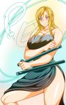  aya_brea baton blonde_hair blue_eyes breasts cleavage female ginnyo happy large_breasts looking_at_viewer no_panties parasite_eve smile solo tonfa vector_trace weapon 