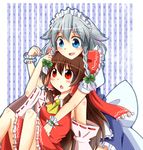  ascot blue_eyes blush bow braid brown_hair detached_sleeves hair_bow hair_tubes hakurei_reimu izayoi_sakuya maid maid_headdress multiple_girls open_mouth red_eyes silver_hair tanikake_yoku touhou twin_braids wrist_cuffs 