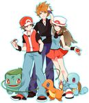  2boys baseball_cap blue_(pokemon) blue_eyes brown_eyes brown_hair bulbasaur charmander commentary fangs fanny_pack fire gen_1_pokemon gum_(gmng) hand_in_pocket hat holding holding_poke_ball jewelry long_hair looking_at_another looking_at_viewer loose_socks multiple_boys necklace ookido_green open_mouth orange_eyes orange_hair outline plant poke_ball poke_ball_(generic) pokemon pokemon_(creature) pokemon_(game) pokemon_frlg popped_collar red_(pokemon) red_eyes simple_background skirt smile smirk socks spiked_hair squirtle standing vines white_background wristband 