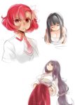  black_hair breasts character_request cleavage flower freckles hair_flower hair_ornament hina_(naso4) japanese_clothes large_breasts long_hair low-tied_long_hair medium_breasts miko multiple_girls naso4 necktie original pink_eyes pink_hair school_uniform short_hair upper_body very_long_hair white_background 