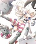  anchor asahi_(ge_nyu) black_panties blush boots elbow_gloves gloves green_eyes grey_footwear hairband highres kantai_collection lifebuoy long_hair navel panties rensouhou-chan shimakaze_(kantai_collection) simple_background skirt striped striped_legwear thighhighs underwear white_background white_hair 