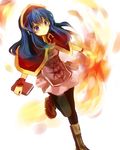  blue_eyes blue_hair book boots bracelet capelet dark_blue_hair dress fire fire_emblem fire_emblem:_fuuin_no_tsurugi hat jewelry lilina long_hair pantyhose sakuno_shion skirt smile solo 