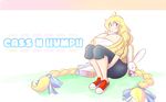  1girl absurdly_long_hair blonde_hair blue_eyes braid breasts bunny_doll cassie_(theycallhimcake) cleavage curvy eating gigantic_breasts hair_ribbon long_hair original ribbon sitting solo sweater theycallhimcake twin_braids very_long_hair wallpaper 