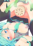  anal anal_object_insertion aqua_hair blue_eyes blush detached_sleeves food hatsune_miku highres long_hair lotus_root necktie object_insertion open_clothes open_shirt rei_oe shirt skirt solo sweat thighhighs upside-down vegetable vocaloid 