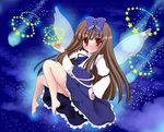  arm_up armband aura barefoot blush bow brown_hair cloud comet dress fairy_wings floating hair_bow hand_on_hip lefty_2628 long_hair long_sleeves looking_at_viewer open_hand red_eyes sky smile solo star star_(sky) star_sapphire starry_sky touhou very_long_hair wings 