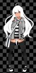  aoshima bag black_legwear checkered checkered_background copyright_request highres jacket long_hair mary_janes messenger_bag shirt shoes shoulder_bag silver_eyes solo striped striped_shirt thighhighs white_hair 