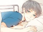  blue_eyes free! grey_hair male_focus mole mole_under_eye nitori_aiichirou shijima_tohiro smile solo under_covers 