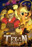  blonde_hair cowboy_hat engineer_(team_fortress_2) english_text equine eyewear female feral freckles friendship_is_magic fur green_eyes gun hair hat horse human hybrid-masakari long_hair mahsira male mammal my_little_pony orange_fur pony ranged_weapon rope smile team_fortress_2 text tongue weapon 