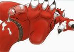  anthro balls biceps big_muscles claws cum cum_on_self digimon dinosaur dripping exhausted facial_markings foot_focus growlmon hindpaw horn male markings mudwolfy muscles paws penis relaxing scalie solo 