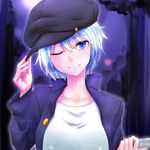  blue_eyes blue_hair blush buttons cabbie_hat character_request collarbone hat hat_tip heart highres looking_at_viewer one_eye_closed rip-off_(manga) short_hair smile solo upper_body watarui 