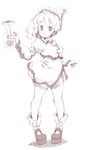  blush dress hat holding horn_(instrument) instrument looking_at_viewer merlin_prismriver monochrome shoes short_hair smile solo standing touhou uni_mate 