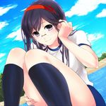  black_hair blue_eyes buruma cloud day glasses gym_uniform hair_tucking hairband kneehighs komayasu_(kinbakun) long_hair original sky smile solo 