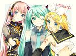  bad_id bad_pixiv_id blonde_hair blue_eyes copyright_name crossed_arms detached_sleeves green_eyes green_hair grin hair_ornament hair_ribbon hairclip hatsune_miku headphones kagamine_rin long_hair megurine_luka midriff multiple_girls necktie one_eye_closed open_mouth pink_hair ribbon smile twintails vocaloid yana_mori 