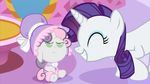  absurd_res beavernator bonnet clothing cub duo equine eyes_closed eyeshadow female feral friendship_is_magic green_eyes hi_res horn horse makeup mammal my_little_pony pony purple_eyes rarity_(mlp) smile sweetie_belle_(mlp) unicorn young 