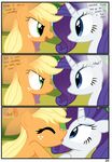  applejack_(mlp) blonde_hair blue_eyes comic dialog duo english_text equine eye_contact eyes_closed female feral freckles friendship_is_magic fur green_eyes hair horn horse kissing lesbian mammal my_little_pony orange_fur pony purple_hair pyruvate rarity_(mlp) text unicorn white_fur 