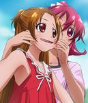  aida_mana armpits brown_hair dokidoki!_precure hands_on_another's_face haruyama_kazunori long_hair madoka_aguri multiple_girls pink_eyes pink_hair precure red_eyes short_hair sleeveless 