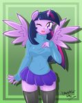  absurd_res anthro anthrofied clothing danmakuman equine female friendship_is_magic hair hi_res horn horse legwear looking_at_viewer mammal miniskirt multi-colored_hair my_little_pony one_eye_closed pony purple_eyes purple_hair skirt solo standing stockings twilight_sparkle_(mlp) winged_unicorn wings wink 